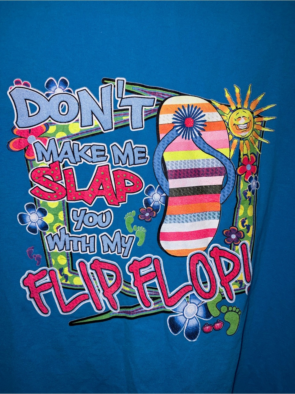 Gildan Bright Blue Graphic Tee with Colorful Flip-Flop Design